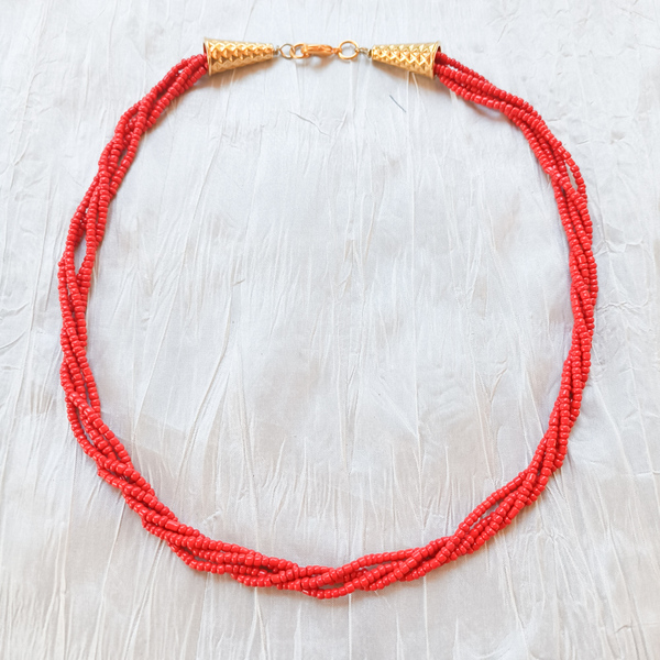 Κόκκινο κοντό κολιέ, 4πλο, στριφτό με seed beads - χάντρες, κοντά, πολύσειρα, seed beads - 3