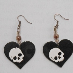 Ακρυλικά σκουλαρίκια μαύρη καρδιά διπλής όψεως, κρεμαστά Black heart Skull earrings - διπλής όψης, χάντρες, plexi glass, κρεμαστά, γάντζος
