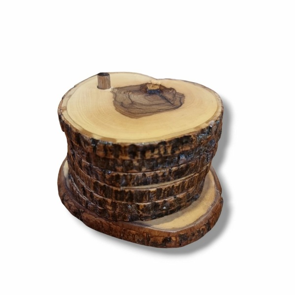 Σουβέρ από φυσικό ξύλο ελιάς σε σχήμα κορμού (17cm) (6τμχ.+βάση) - ξύλο, σουβέρ, είδη σερβιρίσματος, ξύλινα σουβέρ - 2