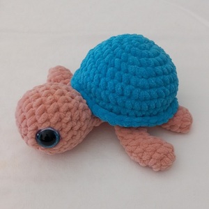Πλεκτό κουκλάκι χελώνα μεσαία γαλάζιο-σομόν 20 εκ. - λούτρινα, δώρα για παιδιά, ζωάκια - 3