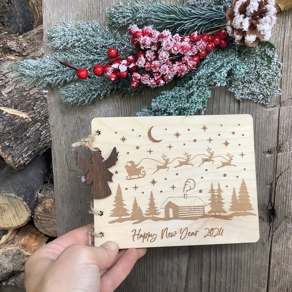 Ξύλινη Προσωποποιημένη Χριστουγεννιάτικη Ευχητήρια Κάρτα - Δώρο - Διακοσμητικό - Αναμνηστικό - ξύλο, άγιος βασίλης, ευχετήριες κάρτες, δέντρο, προσωποποιημένα - 3