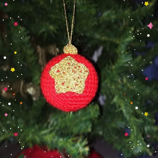 Πλεκτή μπάλα με χρυσό αστέρι χριστουγεννιάτικη - νήμα, αστέρι, στολίδια, μπάλες - 2