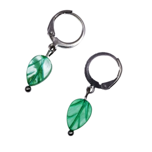 Σκουλαρίκια με φύλλο φίλντισι πράσινο-3 εκ - ημιπολύτιμες πέτρες, κρίκοι, μικρά, ατσάλι