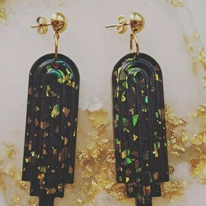 Black shiny earrings - γυαλί, ατσάλι, μεγάλα, καρφάκι, φθηνά - 2