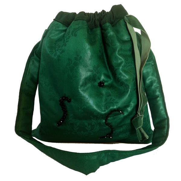 Γυναικεία χειροποίητη τσάντα ώμου πουγκί από ύφασμα σε σμαραγδί με κρύσταλλα σκούρο κυπαρισσί με διαστάσεις 34x38 και ιμάντα 4,5εκ. πλάτος - ύφασμα, ώμου, πουγκί, χειροποίητα