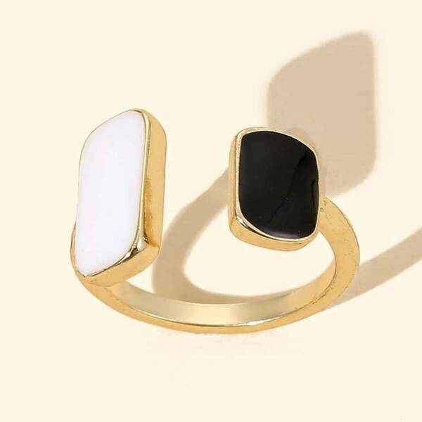Γυναικείο Δαχτυλίδι - Cuff Ring Χρυσό με Άσπρη και Μαύρη Πέτρα - επιχρυσωμένα, ορείχαλκος, γεωμετρικά σχέδια, σταθερά, φθηνά - 2
