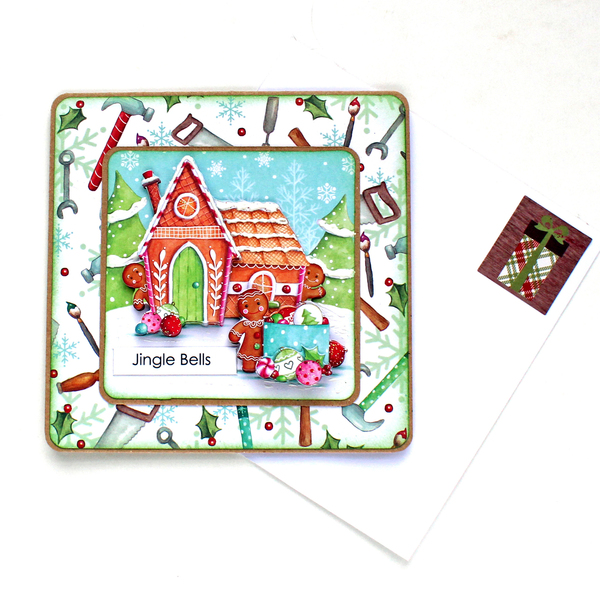 Χριστουγεννιάτικη 3d ευχετήρια τετράγωνη κάρτα "Jingle Bells" gingerbread - χαρτί, scrapbooking, ευχετήριες κάρτες - 5