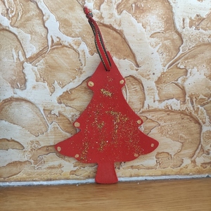 Χειροποίητο Χριστουγεννιάτικο στολίδι δέντρο κόκκινο με χρυσόσκονη. - ξύλο, νονά, μαμά, στολίδια, δέντρο - 5