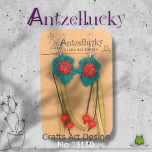 "Ladybug on a leaf" I Χειροποίητα μοντέρνα κρεμαστά σκουλαρίκια από πολυμερικό πηλό 8 cm - χρώμα κόκκινο / πράσινο - πηλός, λουλούδι, boho, κρεμαστά, γάντζος - 5