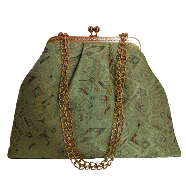 Γυναικεία χειροποίητη τσάντα clutch ώμου ή χιαστί από ύφασμα σε ανοιχτή απόχρωση του πράσινου σε στυλ vintage με αλυσίδα 36,5εκ.x31εκ. με αλυσίδα 112εκ. - ύφασμα, vintage, clutch, ώμου, χιαστί