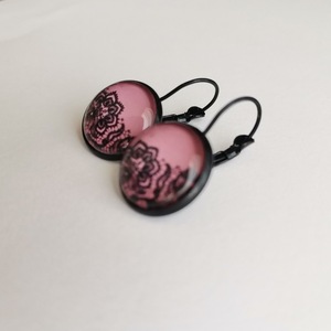 Σκουλαρίκια με γυάλινο στοιχείο, black lace in pink - δαντέλα, γυαλί, ορείχαλκος, κρεμαστά - 4