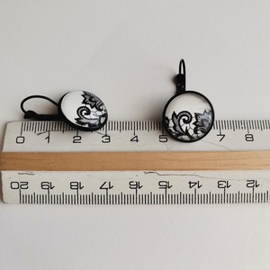 Σκουλαρίκια με γυάλινο στοιχείο, black and white - δαντέλα, γυαλί, ορείχαλκος, κρεμαστά - 3