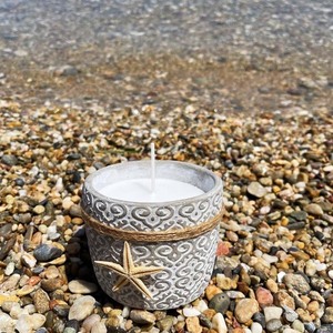Αρωματικό Κερί "Summer Serenity" σε τσιμεντένιο δοχείο με λευκά σχέδια 11cm x 9cm x 9cm - τσιμέντο, αρωματικά κεριά - 3