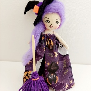 Halloween μάγισσα διακοσμητική με σκούπα - ύφασμα, ξύλο, διακοσμητικά, μαλλί felt - 4