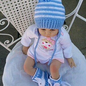 Πλεκτό σετ λευκό-μπλε για αγόρια/ σκουφάκι, παπουτσάκια/ Πλεκτά για μωρά/ 0-12/ Crochet set for baby-boys/ hat, shoes - αγόρι, σετ, βρεφικά ρούχα - 3