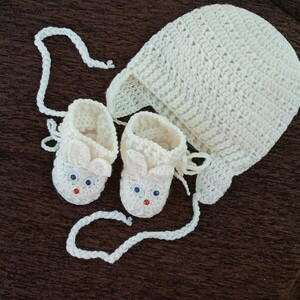 Πλεκτό σετ εκρου για μωρά/ σκουφάκι, παπουτσάκια/ Πλεκτά για μωρά/ 0-12/ Crochet set for boys/ hat, shoes - αγόρι, σετ, 6-9 μηνών, βρεφικά ρούχα - 2