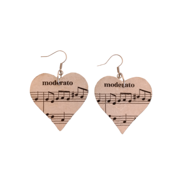 Ξύλινα χειροποίητα σκουλαρίκια νότες μουσικής καρδιές / μεσαία / ατσάλι / Twice Treasured - ξύλο, κρεμαστά, γάντζος - 2