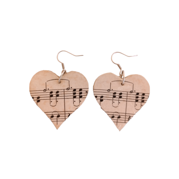 Ξύλινα χειροποίητα σκουλαρίκια νότες μουσικής καρδιές / μεσαία / ατσάλι / Twice Treasured - ξύλο, κρεμαστά, γάντζος - 4