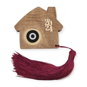 Ξύλινο με πλέξι ακρυλικό επιτραπέζιο γούρι σπίτι 120Χ100mm - ξύλο, σπίτι, μάτι, γούρια