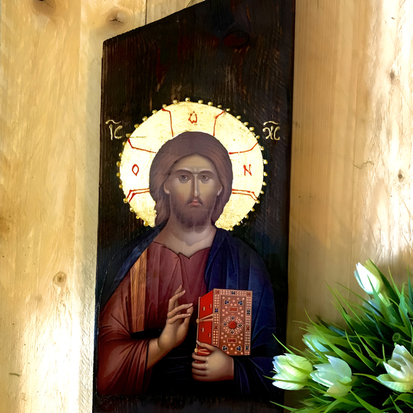 Ιησούς Χριστός Ευλογών Χειροποίητη Εικόνα Σε Ξύλο 13x34cm - πίνακες & κάδρα, πίνακες ζωγραφικής, εικόνες αγίων - 4