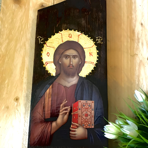 Ιησούς Χριστός Ευλογών Χειροποίητη Εικόνα Σε Ξύλο 13x34cm - πίνακες & κάδρα, πίνακες ζωγραφικής, εικόνες αγίων - 5