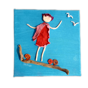 Χειροποίητος πίνακας από πηλό Καμβάς 20Χ20cm Κορίτσι με γλάρους - πίνακες & κάδρα, πηλός, χειροποίητα, πίνακες ζωγραφικής