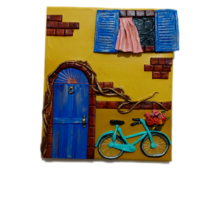 Χειροποίητος πίνακας Καμβας 24Χ30cm_Σπίτι με ποδήλατο-Αντίγραφο - πίνακες & κάδρα, πίνακες ζωγραφικής, πολυμερικό πηλό