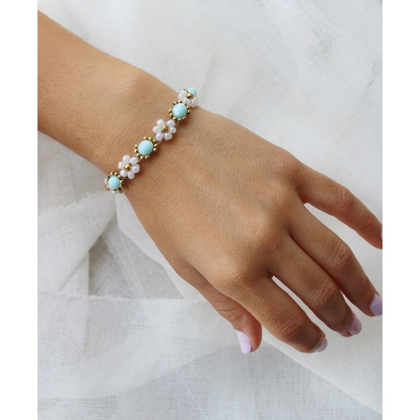 Light Blue bracelet| Ρομαντικό Λουλουδένιο βραχιόλι με γαλάζια κρύσταλλα, αιματίτη & γυάλινες χάντρες - κρύσταλλα, χάντρες, ατσάλι, χεριού, αυξομειούμενα - 2