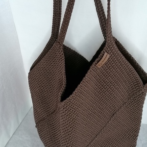 Πλεκτή τσάντα "tote" καφέ από λωρίδες - νήμα, ώμου, μεγάλες, all day, tote