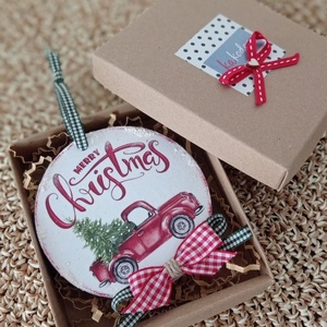 Χριστουγεννιάτικο στολίδι αυτοκινητάκι 10εκ. διάμετρος - ξύλο, νήμα, merry christmas, χριστουγεννιάτικα δώρα, στολίδια - 3