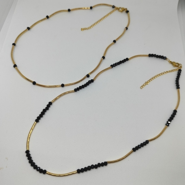 Κολιέ με χρυσές ράγες και μαύρες πέτρες - κοντά, ατσάλι, layering, seed beads - 3