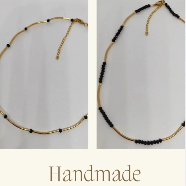 Κολιέ με χρυσές ράγες και μαύρες πέτρες - κοντά, ατσάλι, layering, seed beads - 4