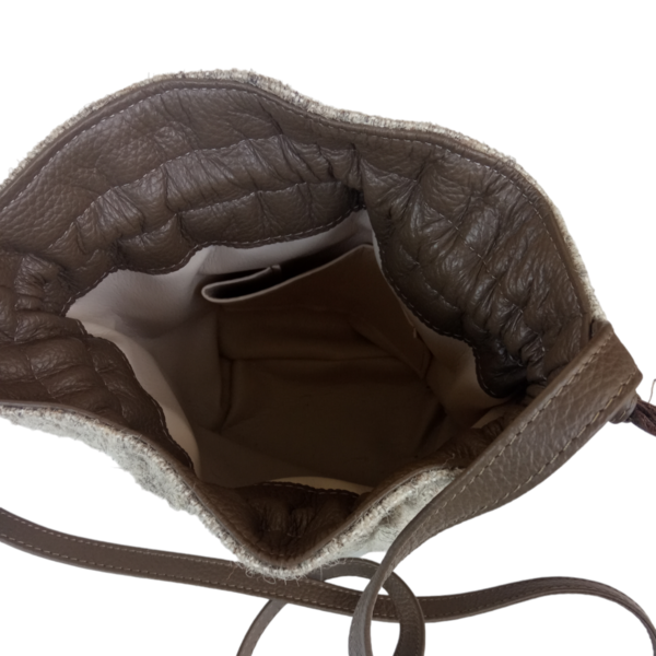 Τσάντα πουγκί χειροποίητη υφαντή με δερμάτινα στοιχεία - νήμα, πουγκί, χιαστί, all day, μικρές - 3