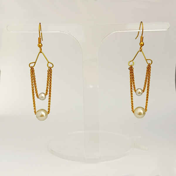 Χρυσαφί σκουλαρίκια με δυο σειρές πέρλες. Ατσάλι 6x0,5 - μαργαριτάρι, ατσάλι, κρεμαστά, πέρλες, γάντζος - 3