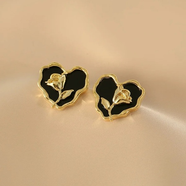 Vintage Σκουλαρίκια σε σχήμα καρδιά με λουλούδι σε μαύρο και χρυσό - ορείχαλκος, ασήμι 925, λουλούδι, boho, νυφικά - 2