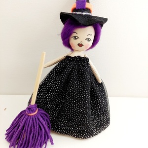 Halloween μάγισσα διακοσμητική με σκούπα Νο2 - ύφασμα, ξύλο, διακοσμητικά, μαλλί felt - 2