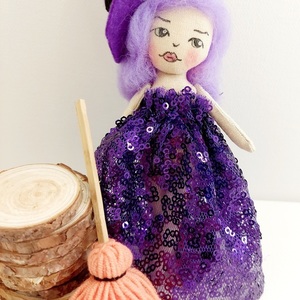 Halloween μάγισσα διακοσμητική με σκούπα Νο3 - ύφασμα, ξύλο, διακοσμητικά, μαλλί felt - 2