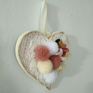 Χειροποίητο ξύλινο διακοσμητικό καδράκι καρδιά με λουλούδια 19x20cm - πίνακες & κάδρα, καρδιά - 4