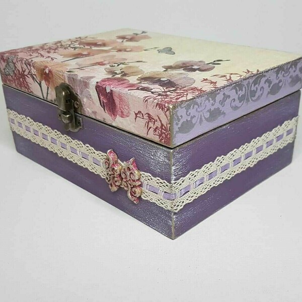 Ξύλινο Κουτί Κοσμημάτων Μωβ Λουλούδια - ξύλο, οργάνωση & αποθήκευση, δώρα για γυναίκες - 2