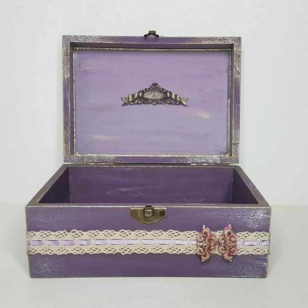Ξύλινο Κουτί Κοσμημάτων Μωβ Λουλούδια - ξύλο, οργάνωση & αποθήκευση, δώρα για γυναίκες - 3