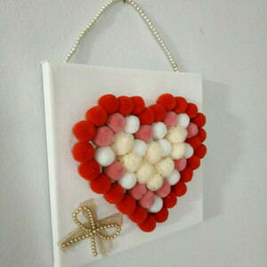Διακοσμητικό καδράκι με καρδιά απο pom pon 20x20cm - δαντέλα, πίνακες & κάδρα, pom pom, διακοσμητικά - 3