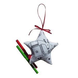 Mαξιλαράκι ζωγραφικής - στολίδι αστεράκι με δύο μαρκαδόρους σε πουγκί οργάτζα. - κορίτσι, αγόρι, αναμνηστικά, χριστουγεννιάτικα δώρα, στολίδι δέντρου