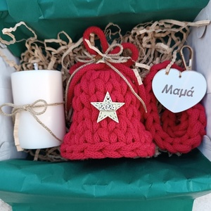 Χριστουγεννιάτικο gift box 1 . Πλεκτή καμπάνα, μπρελόκ καρπού και αρωματικό κερί σόγιας. - νήμα, νονά, μαμά, δασκάλα, σετ δώρου - 4