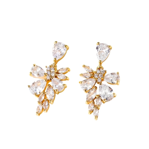 '' PENELOPE '' Shiny Crystal Luxury Earings/Κρεμαστά σκουλαρίκια επίχρυσα με υψηλής ποιότητας ζιργκόν πέτρα, μπορούν να φορεθούν τόσο σε μια επίσημη περίσταση όσο και ως νυφικό κόσμημα. - ασήμι, στρας, επιχρυσωμένα, ορείχαλκος, νυφικά