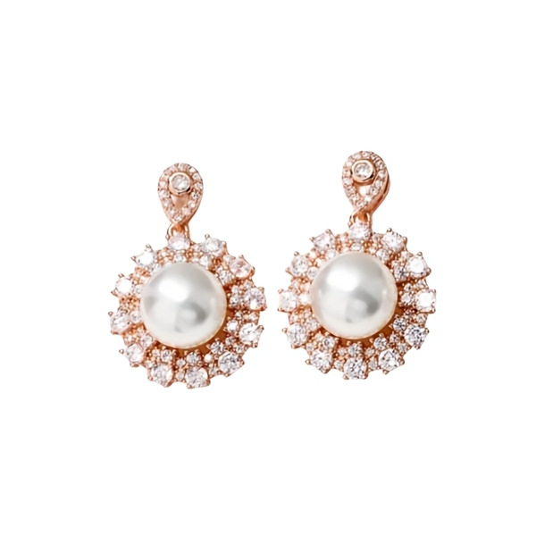 '' SCARLETT '' Luxury Round Imitation Pearls/Κρεμαστά σκουλαρίκια ροζ χρυσό με πέρλα και με υψηλής ποιότητας ζιργκόν πέτρα, μπορούν να φορεθούν τόσο σε μια επίσημη περίσταση όσο και ως νυφικό κόσμημα. - ασήμι, στρας, ορείχαλκος, ασήμι 925, δάκρυ
