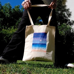 Tote bag ζωγραφισμένη στο χέρι με μακρύ χερούλι μπλε θάλασσα - ύφασμα, ώμου, all day, tote, πάνινες τσάντες - 5
