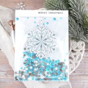 Χριστουγεννίατικη Ευχετήρια Κάρτα (Shaker card) με χιονονιφάδες και γαλάζια sequins - χαρτί, χιονονιφάδα, ευχετήριες κάρτες - 2
