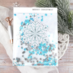Χριστουγεννίατικη Ευχετήρια Κάρτα (Shaker card) με χιονονιφάδες και γαλάζια sequins - χαρτί, χιονονιφάδα, ευχετήριες κάρτες - 3