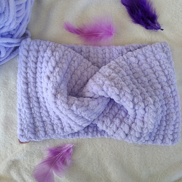 Πλεκτή βελούδινη λιλά κορδέλα μαλλιών headband γυναικεία,με δέσιμο τουρμπάνι (23*13cm) - νήμα, γυναικεία, βελούδο, headbands - 2
