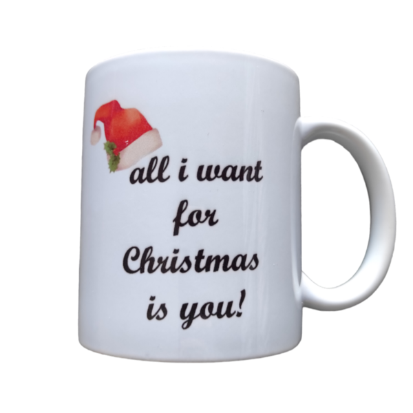 Χριστουγεννιάτικη λευκή κούπα πορσελάνης 325ml με εκτύπωση "All i want for Christmas is you" - πηλός, άγιος βασίλης, είδη κουζίνας